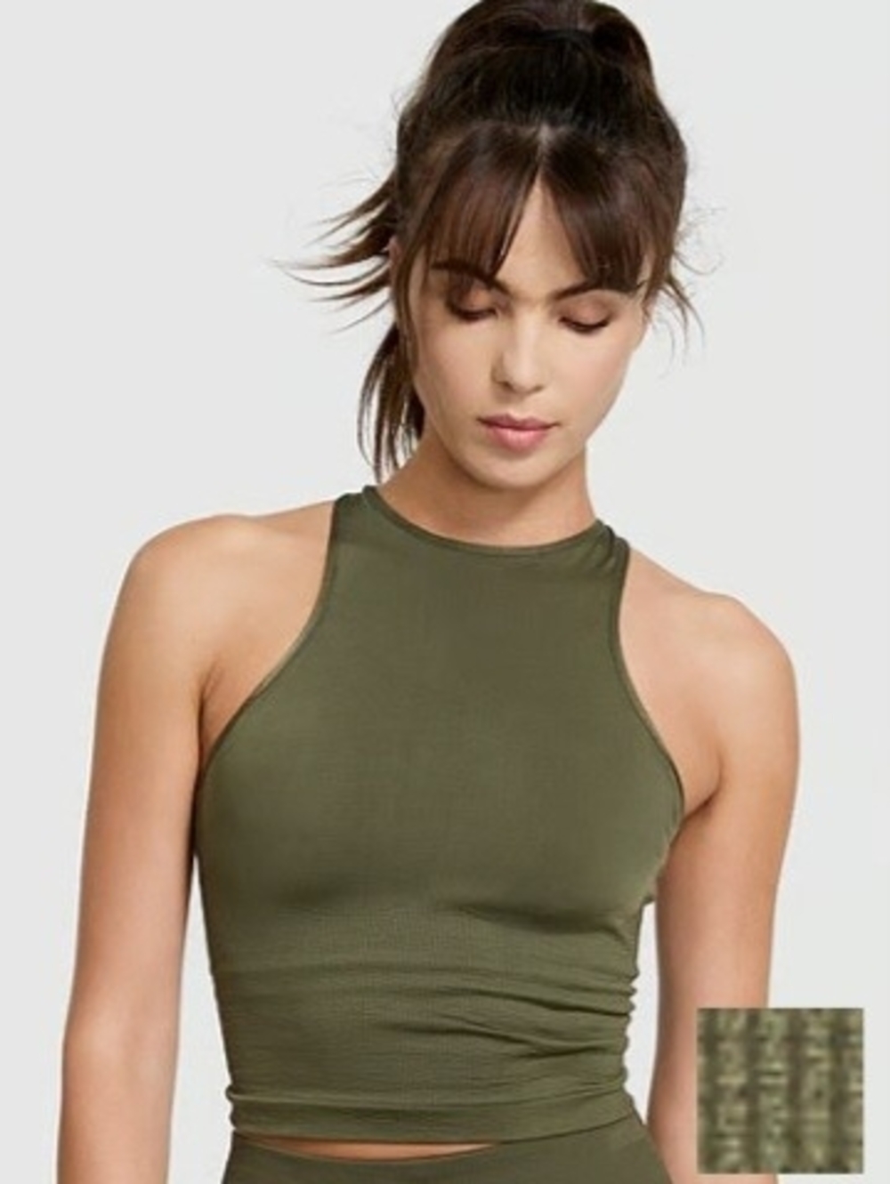 PINK Victoria's Secret Olive Green Ribbed High Neck Tank Top